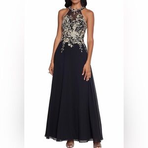 Betsy & Adam Women's Long Embroidered Halter Chiffon Gown
Black and gold
